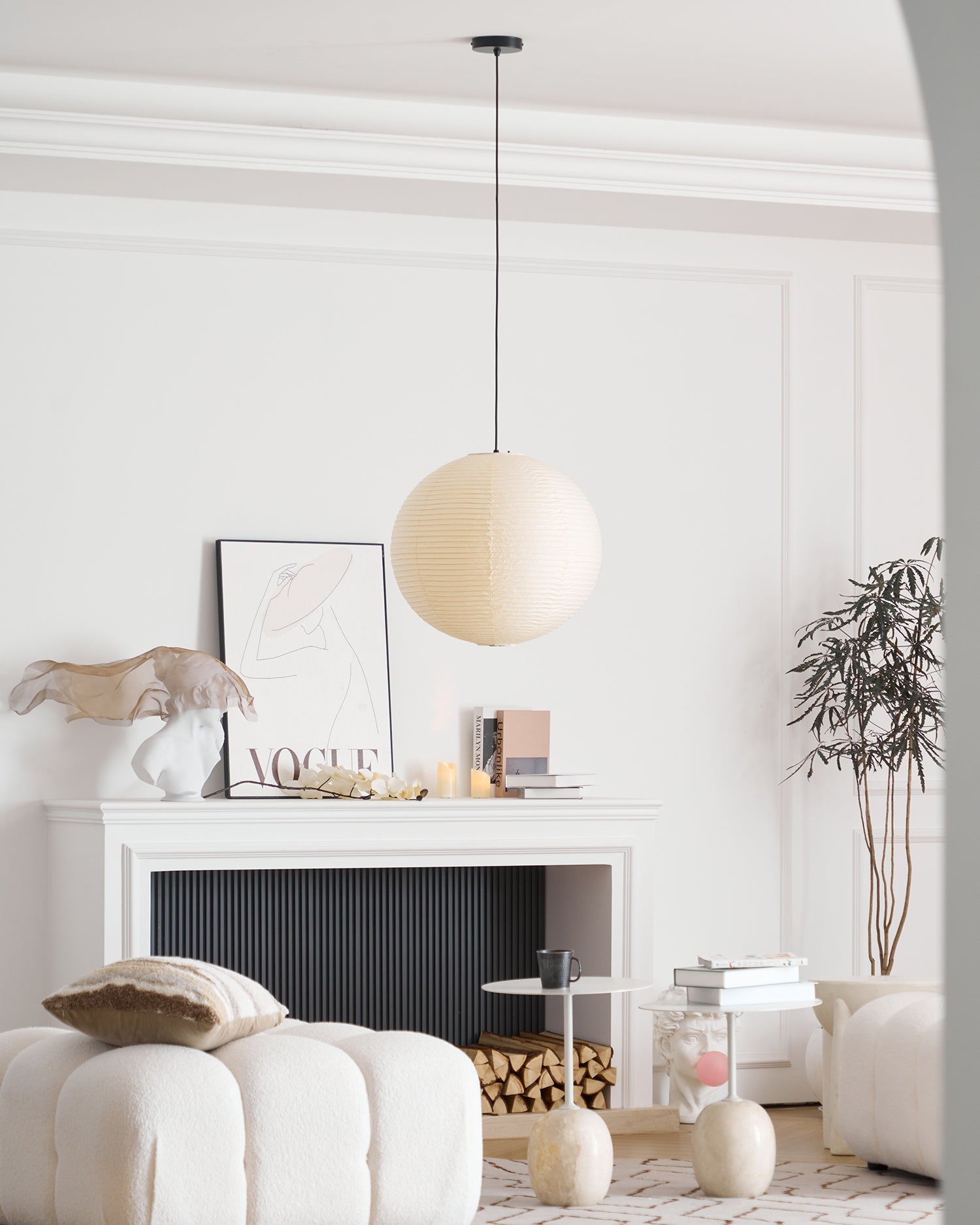 Pendant Light Cotton Paper Shade 19.6 in Adjustable Dining Room Kitchen Island Hanging Ceiling Lamp | Thomler