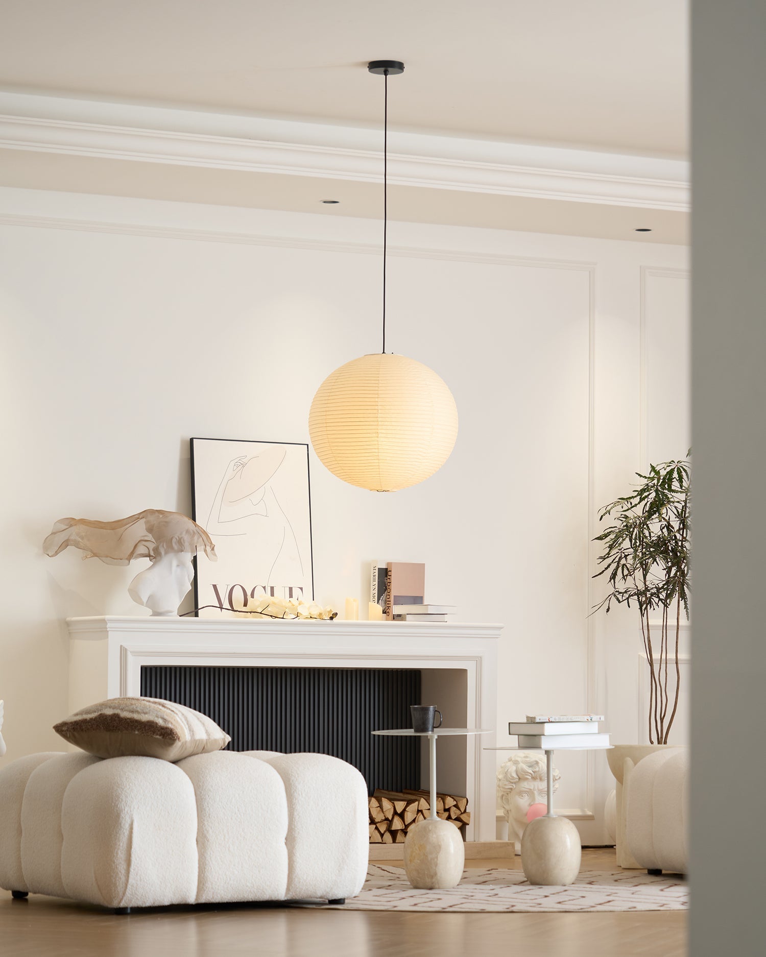 Pendant Light Cotton Paper Shade 19.6 in Adjustable Dining Room Kitchen Island Hanging Ceiling Lamp | Thomler