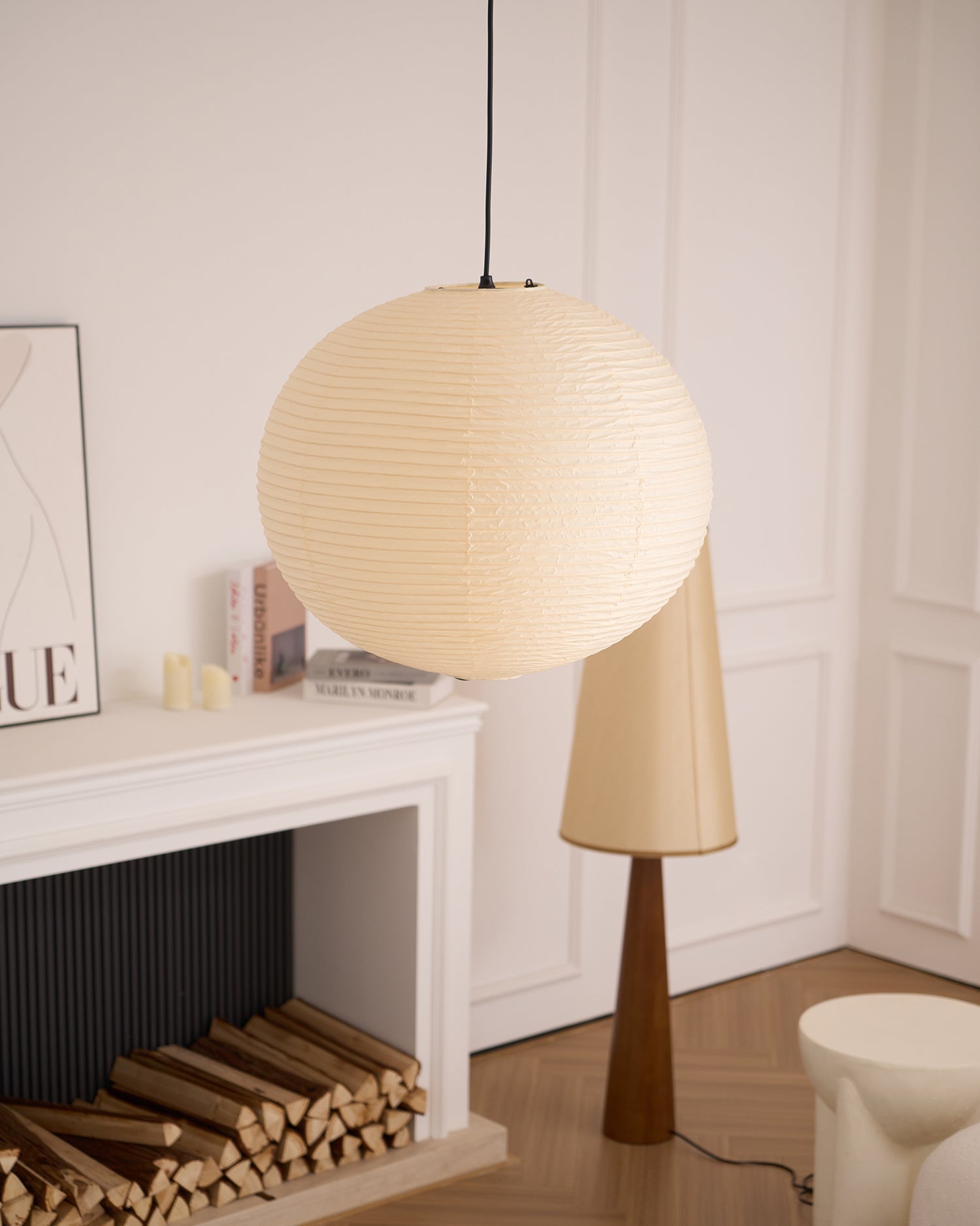 Pendant Light Cotton Paper Shade 19.6 in Adjustable Dining Room Kitchen Island Hanging Ceiling Lamp | Thomler