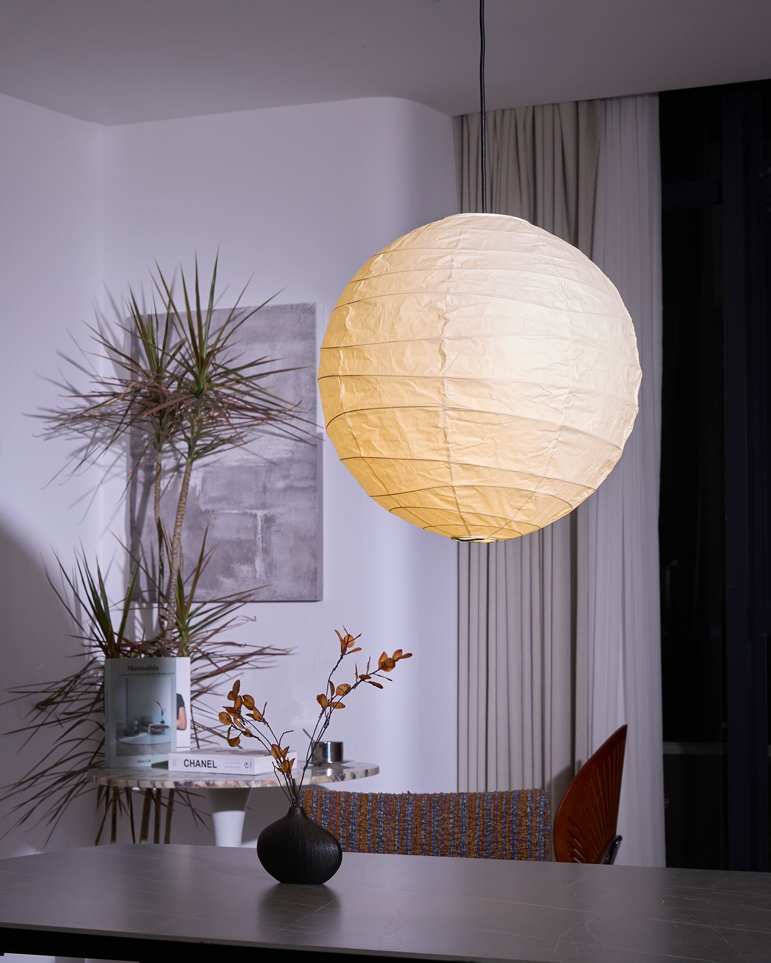 Pendant Light Japanese Washi Paper 17.7 in White Dining Room Living Room Hanging Ceiling Lamp Modern Minimalist Design | Thomler