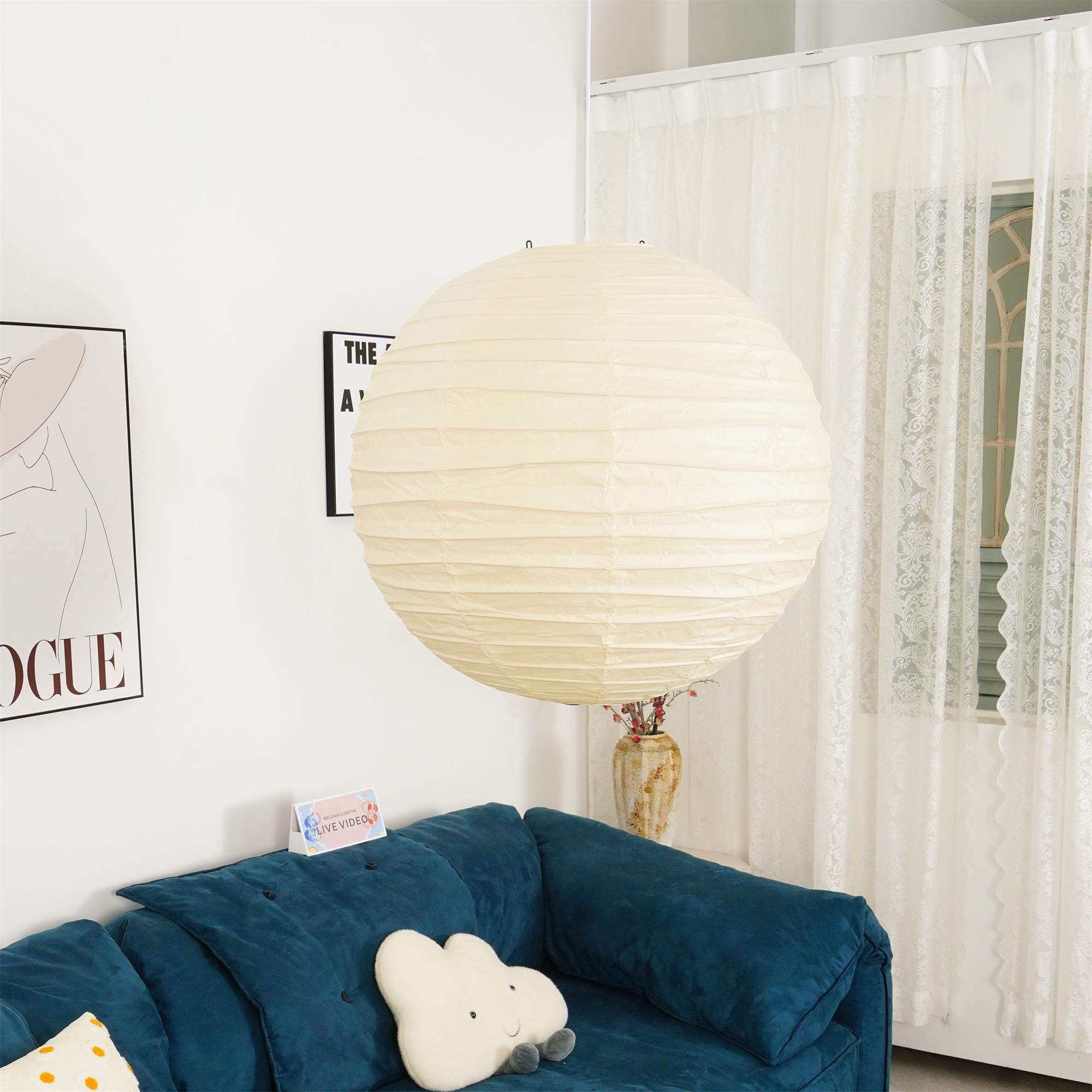 Pendant Light Japanese Washi Paper 17.7 in White Dining Room Living Room Hanging Ceiling Lamp Modern Minimalist Design | Thomler
