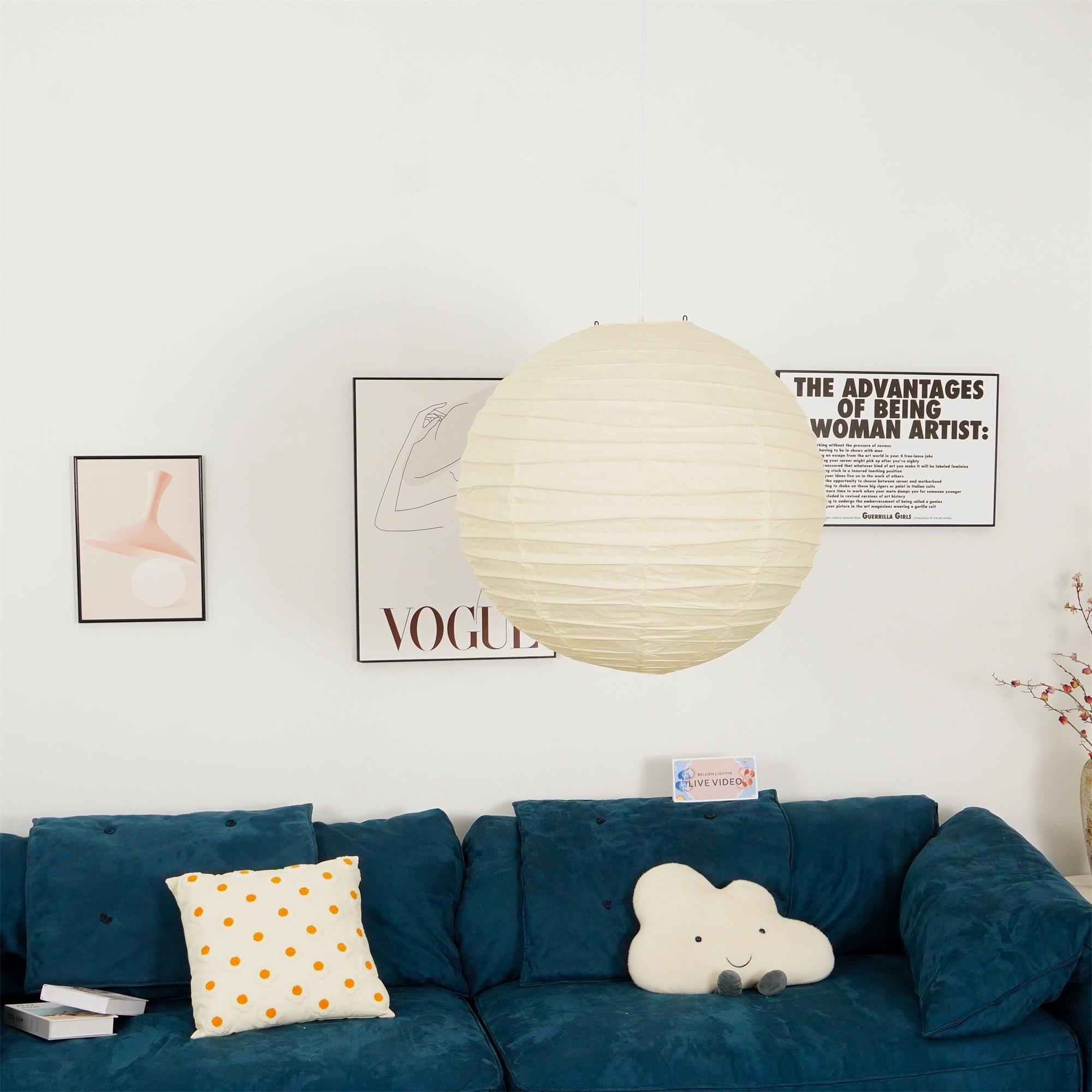 Pendant Light Japanese Washi Paper 17.7 in White Dining Room Living Room Hanging Ceiling Lamp Modern Minimalist Design | Thomler