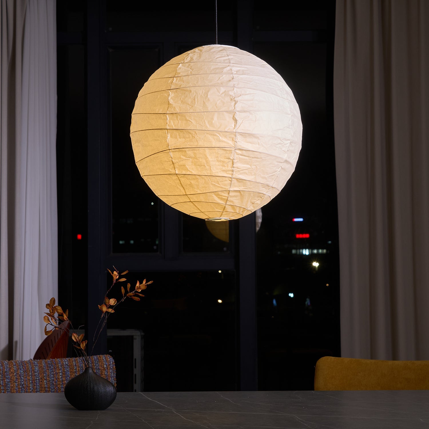Pendant Light Japanese Washi Paper 17.7 in White Dining Room Living Room Hanging Ceiling Lamp Modern Minimalist Design | Thomler