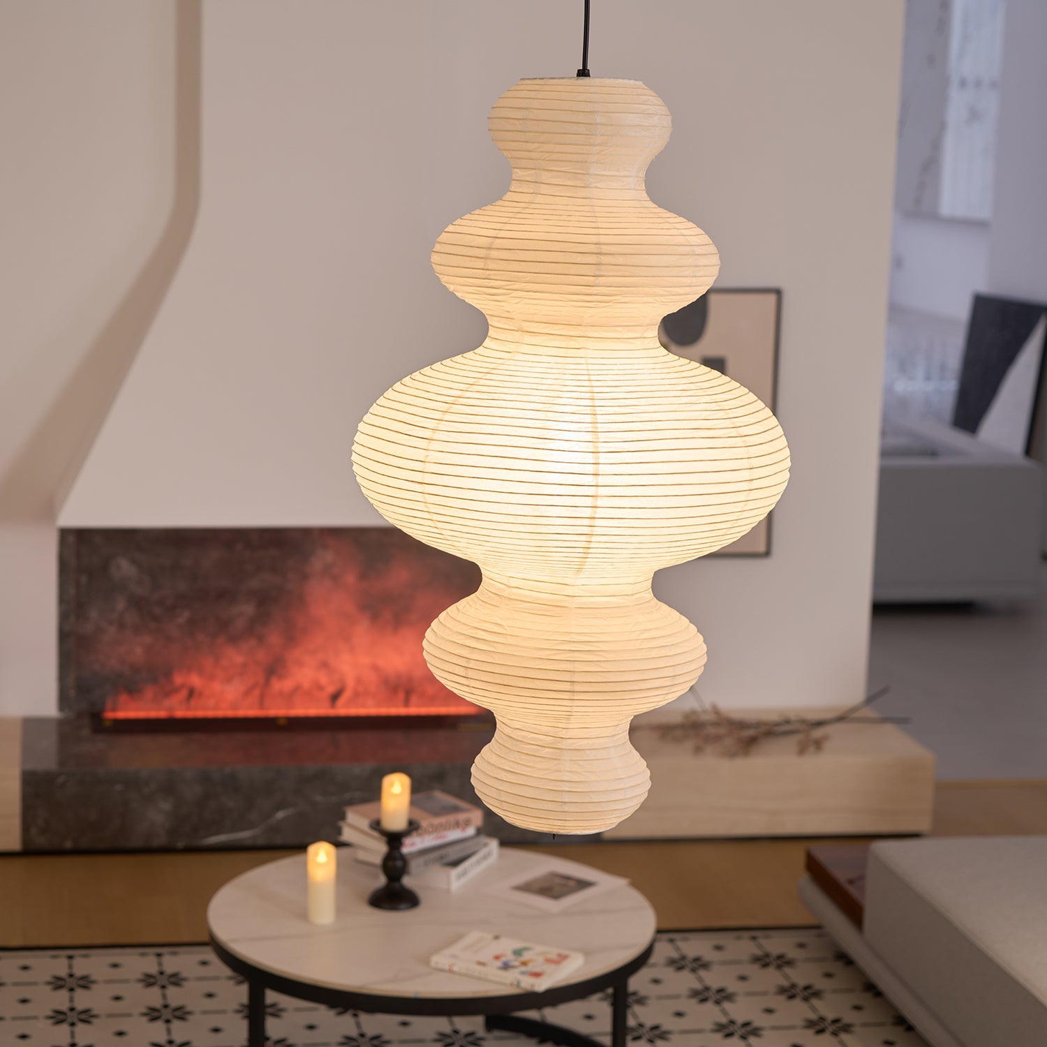 Pendant Light Rice Paper 18.5 in White Dining Room Hanging Ceiling Lamp Adjustable Cord Minimalist Japanese Style | Thomler
