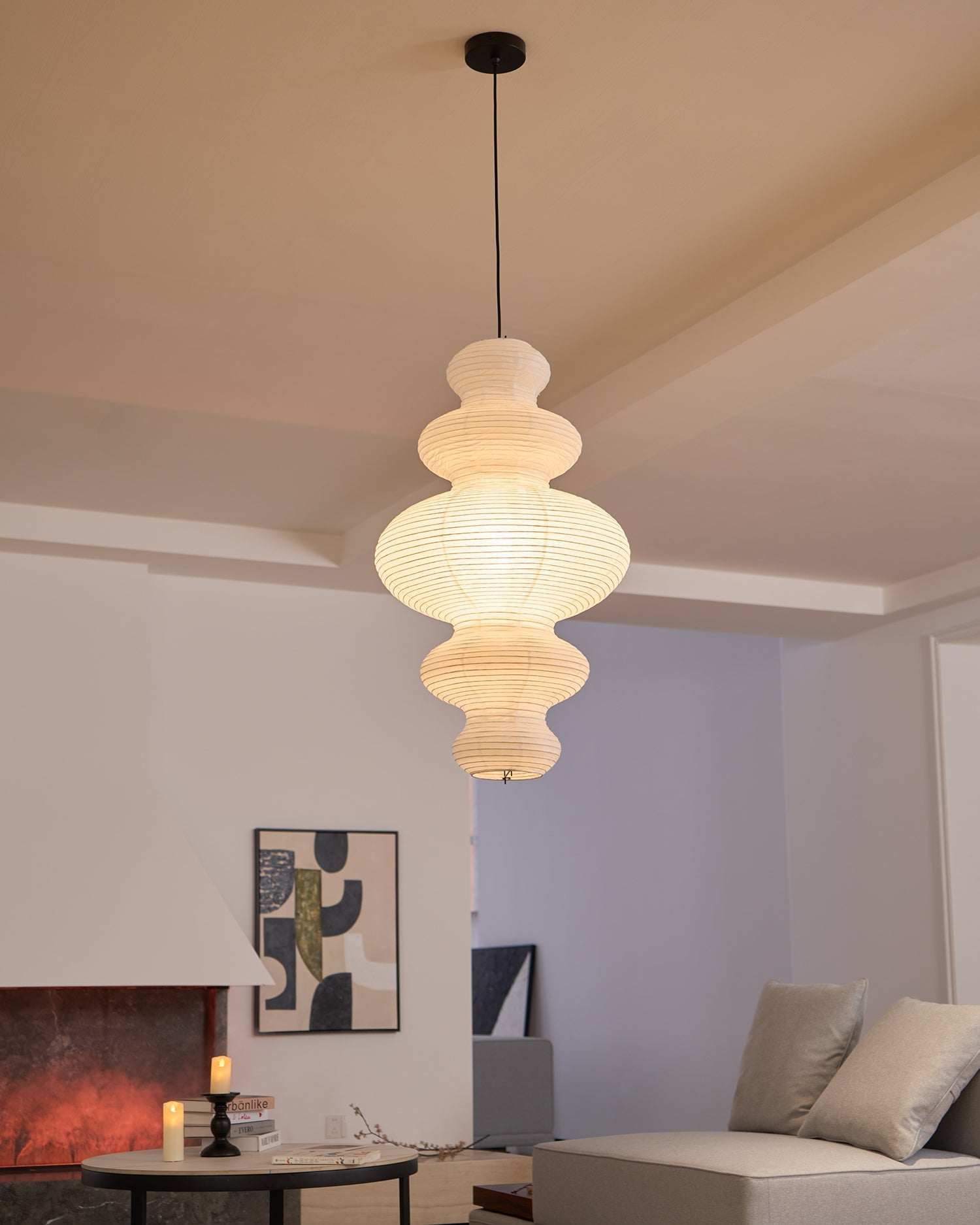 Pendant Light Rice Paper 18.5 in White Dining Room Hanging Ceiling Lamp Adjustable Cord Minimalist Japanese Style | Thomler