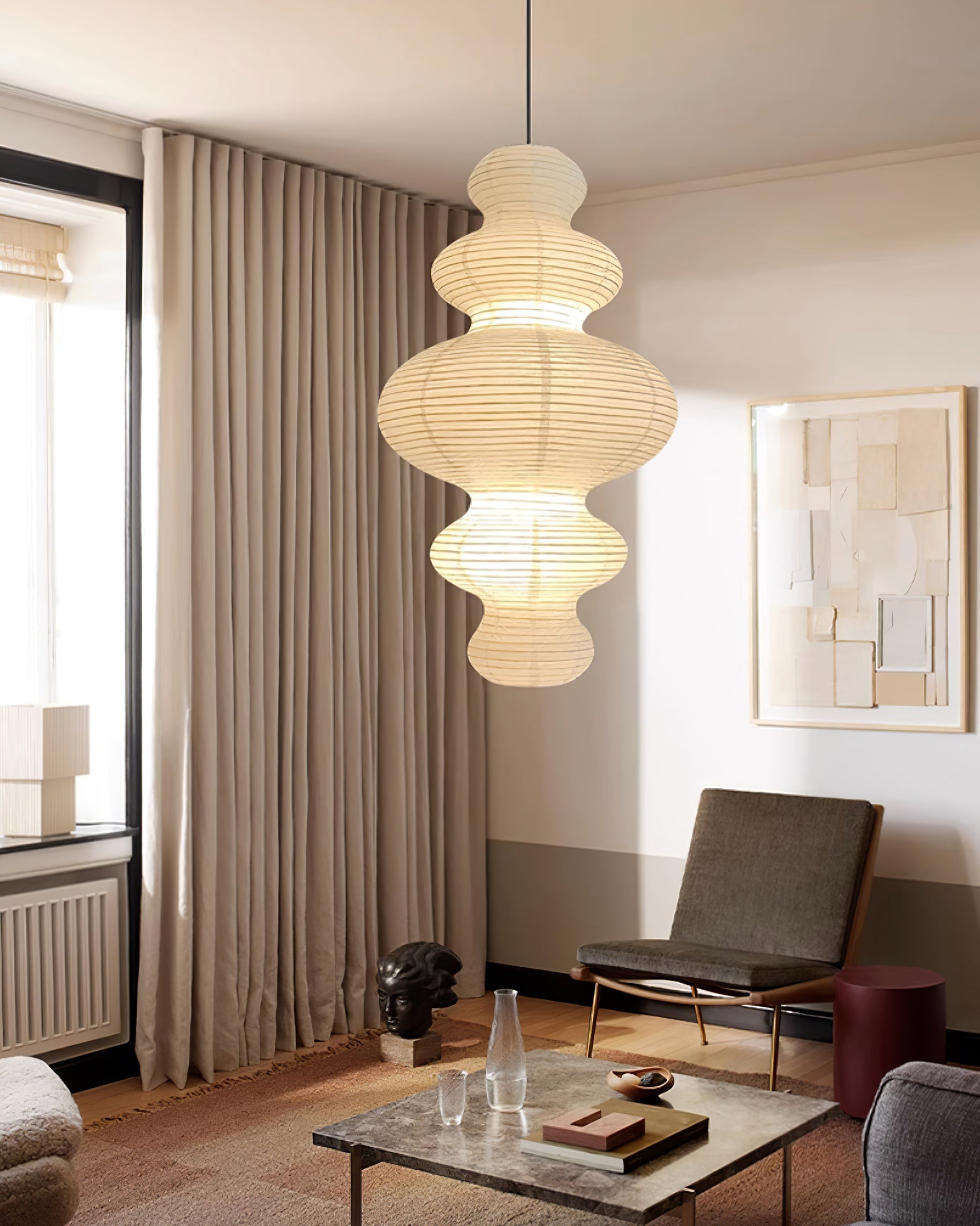 Pendant Light Rice Paper 18.5 in x 32.2 in White Dining Room Kitchen Island Hanging Lamp Sculptural Modern Minimalist | Thomler
