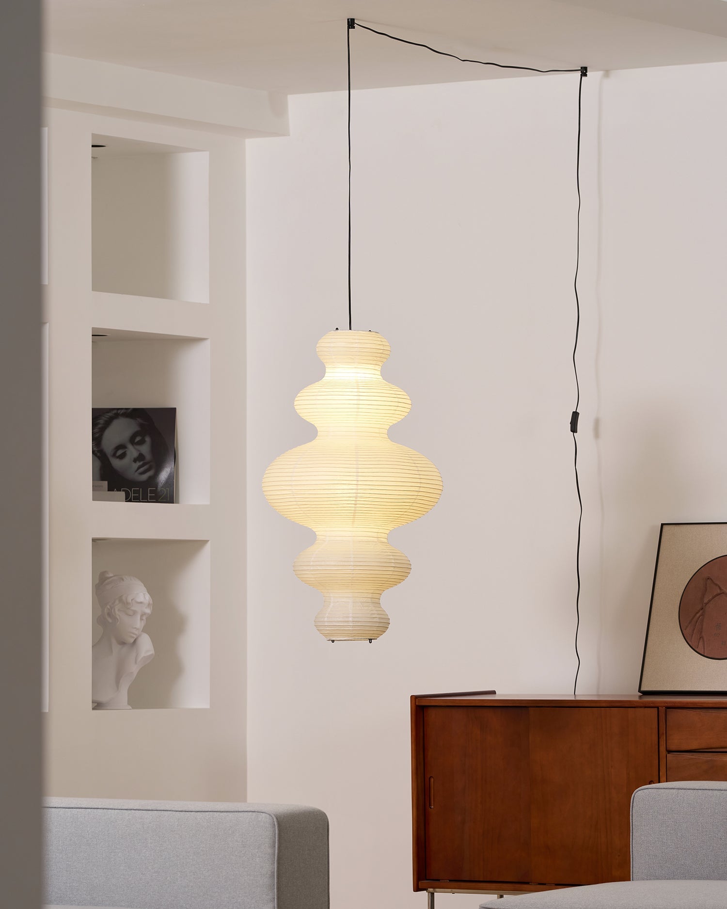 Pendant Light Rice Paper 18.5 in x 32.2 in White Dining Room Kitchen Island Hanging Lamp Sculptural Modern Minimalist | Thomler
