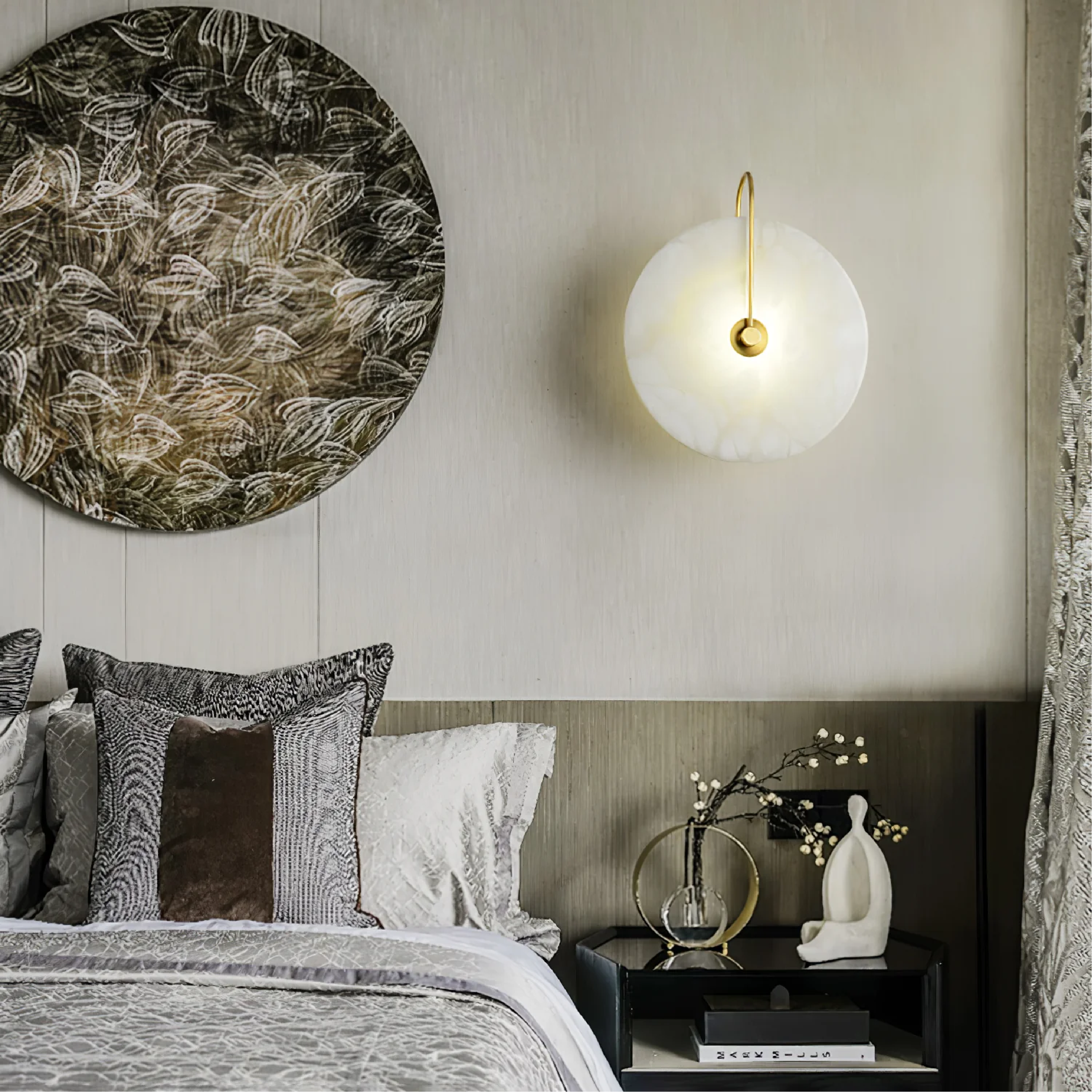 Wall Lamp Alabaster LED Ø15–30 cm Warm White Bedroom Hallway Living Room Accent Light Minimalist Gold Black Finish | Thomler