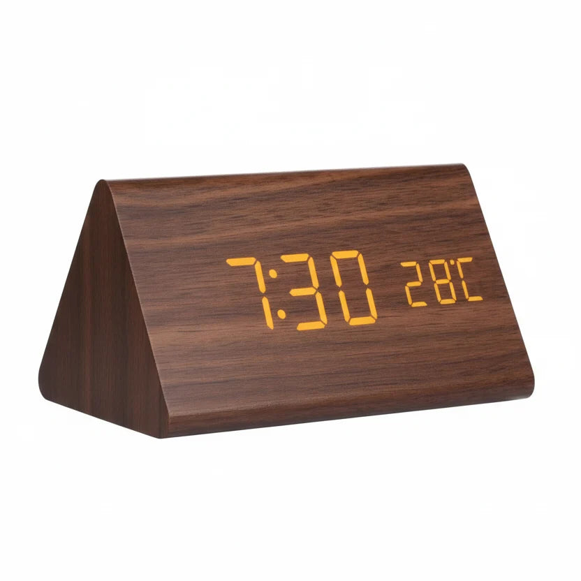 Digital Alarm Clock with Wood-Grain Finish – 3 Alarms, Temperature Display & Adjustable LED Brightness for Bedroom, Desk & Nightstand | Thomler
