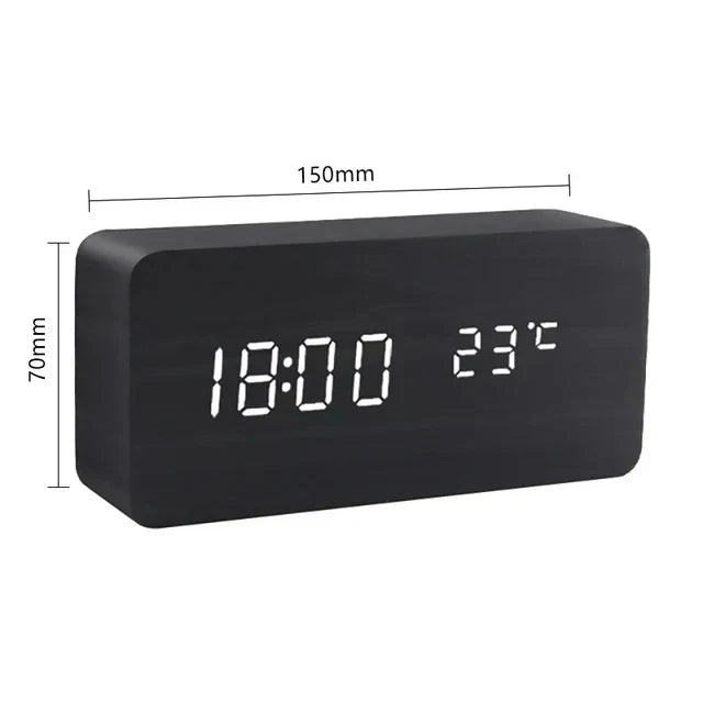 Wood-Style Digital Alarm Clock with LED Display & Voice Control – 3 Alarms, Adjustable Brightness & Temperature Display for Bedroom | Thomler
