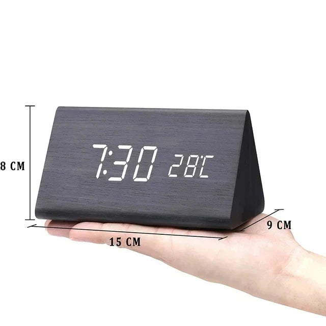 Voice-Activated Digital Alarm Clock with LED Temperature Display, Wood Grain Finish for Bedroom Nightstand, Triple Alarm System for Heavy | Thomler