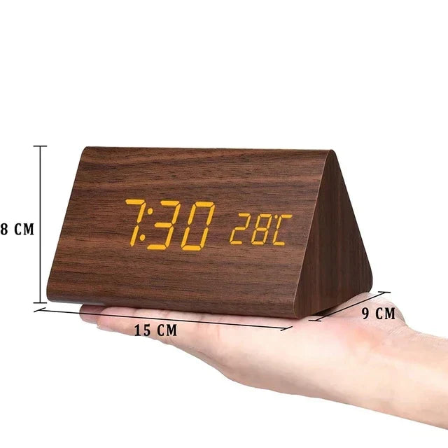 Voice-Activated Digital Alarm Clock with LED Temperature Display, Wood Grain Finish for Bedroom Nightstand, Triple Alarm System for Heavy | Thomler
