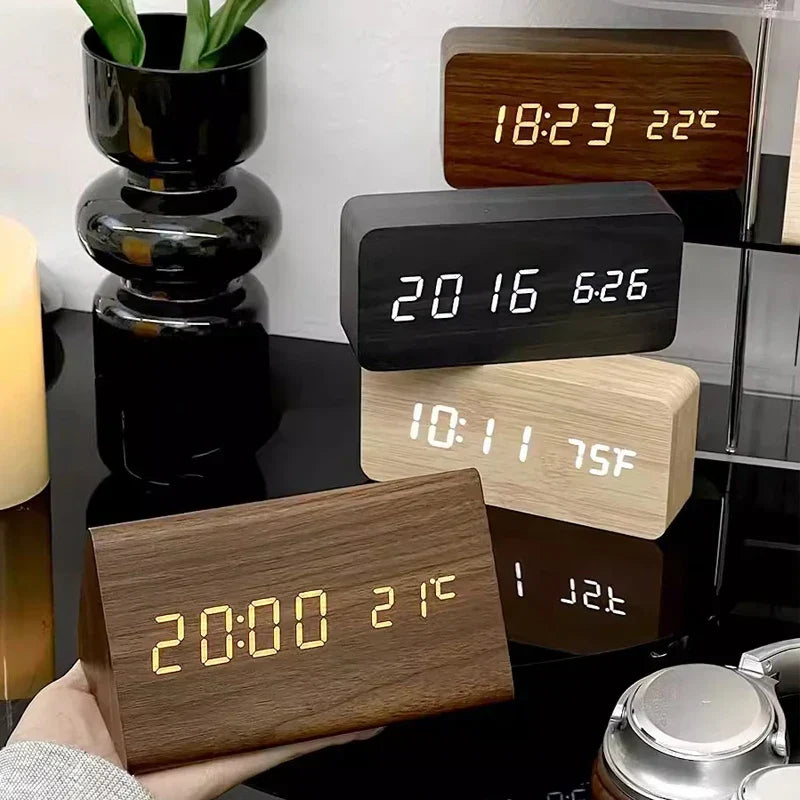Voice-Activated Digital Alarm Clock with LED Temperature Display, Wood Grain Finish for Bedroom Nightstand, Triple Alarm System for Heavy | Thomler