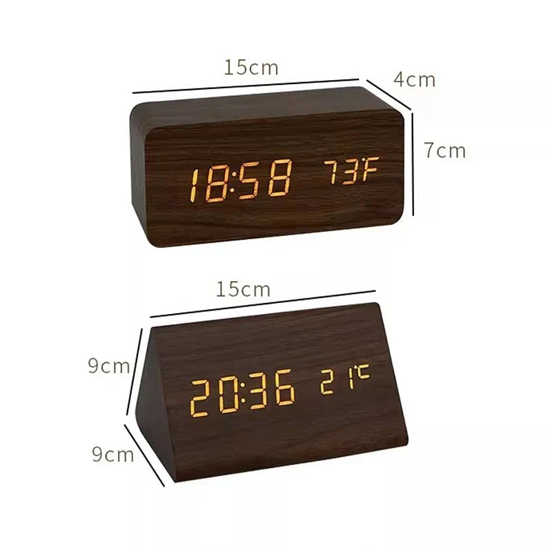 Voice-Activated Digital Alarm Clock with LED Temperature Display, Wood Grain Finish for Bedroom Nightstand, Triple Alarm System for Heavy | Thomler