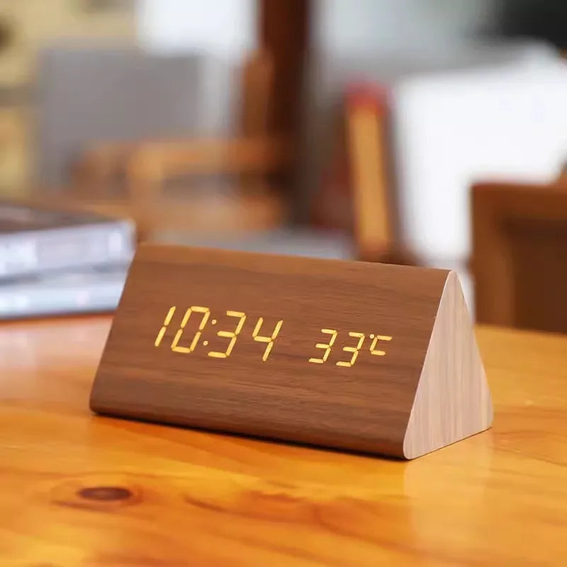 Voice-Activated Digital Alarm Clock with LED Temperature Display, Wood Grain Finish for Bedroom Nightstand, Triple Alarm System for Heavy | Thomler