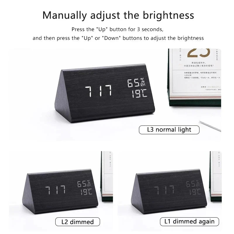 Voice-Activated Digital Alarm Clock with Temperature Display – Wood-Finish LED Table Clock | Thomler