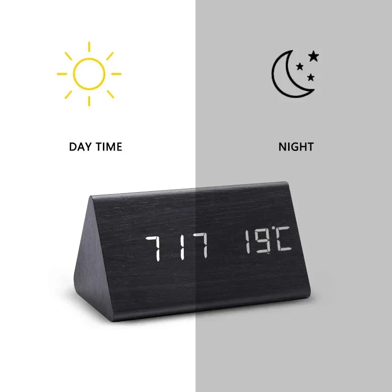 Voice-Activated Digital Alarm Clock with LED Temperature Display, Wood Grain Finish for Bedroom Nightstand, Triple Alarm System for Heavy | Thomler