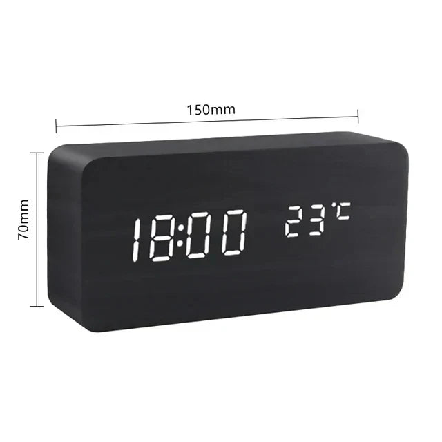 Voice-Activated Digital Alarm Clock with LED Temperature Display, Wood Grain Finish for Bedroom Nightstand, Triple Alarm System for Heavy | Thomler
