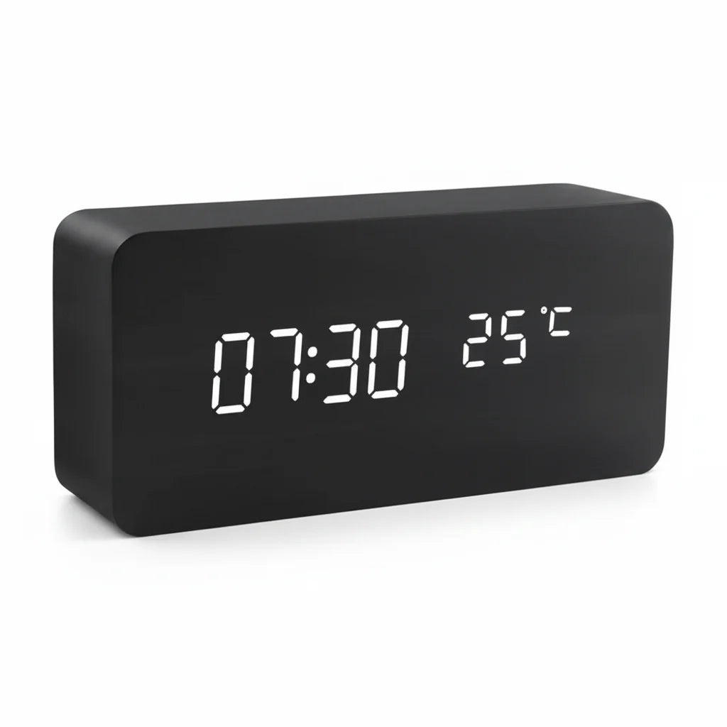 Digital Alarm Clock with Wood-Grain Finish – 3 Alarms, Temperature Display & Adjustable LED Brightness for Bedroom, Desk & Nightstand | Thomler