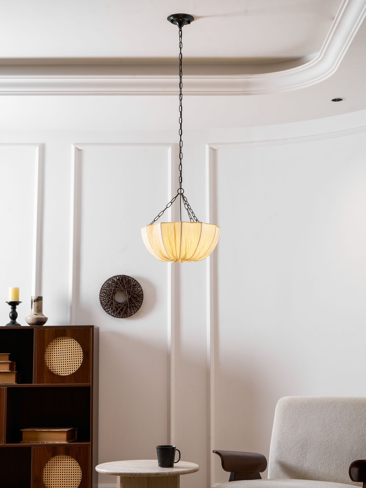 Pendant Light Fabric Bowl Shade 15.7 in Adjustable Dining Room Kitchen Island Hanging Lamp Soft Ambient Lighting | Thomler