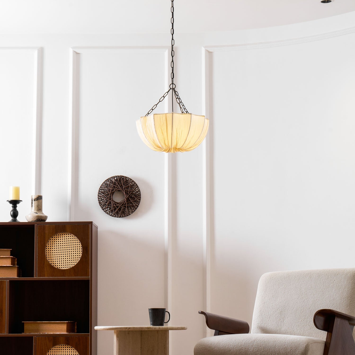 Pendant Light Fabric Bowl Shade 15.7 in Adjustable Dining Room Kitchen Island Hanging Lamp Soft Ambient Lighting | Thomler