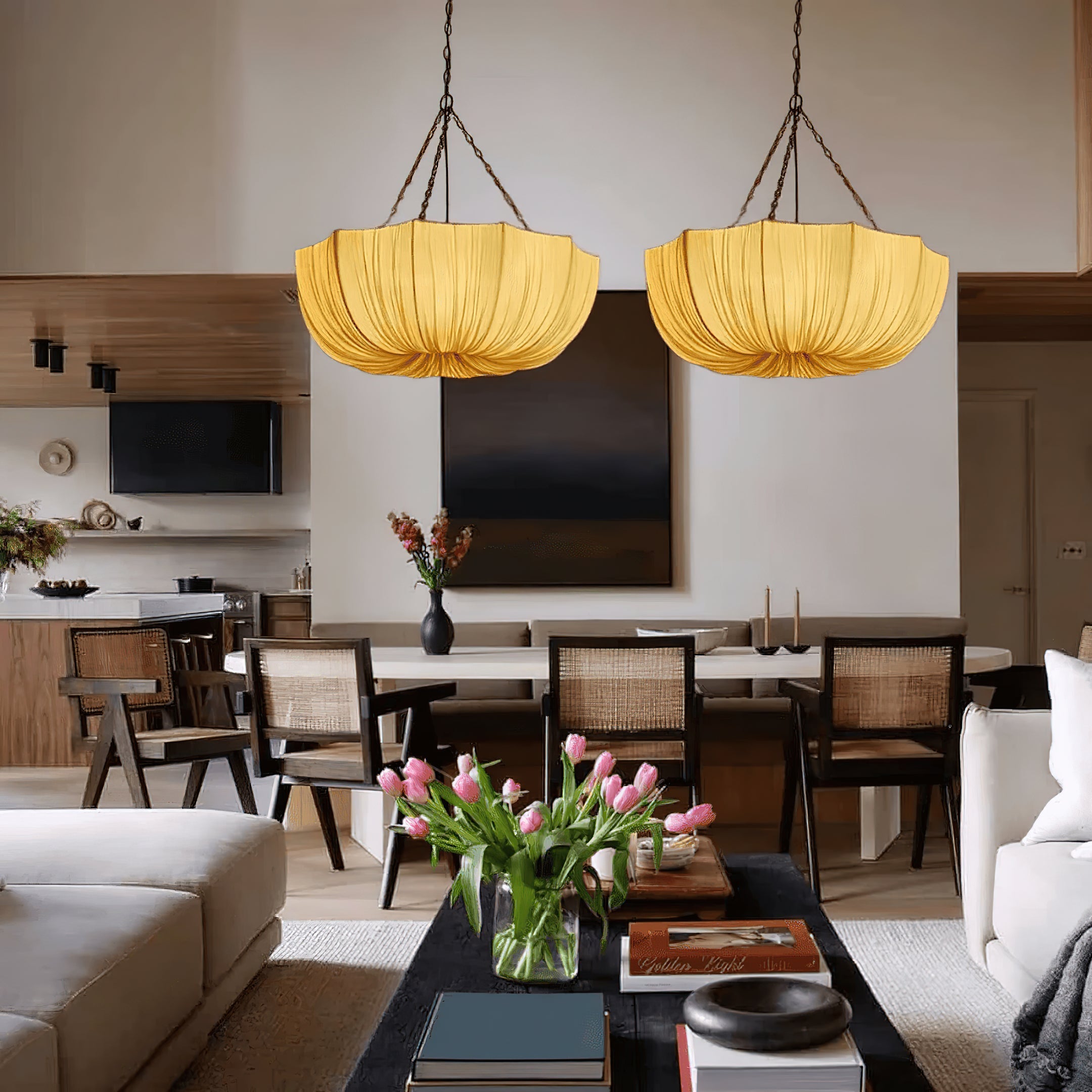 Pendant Light Fabric Bowl Shade 15.7 in Adjustable Dining Room Kitchen Island Hanging Lamp Soft Ambient Lighting | Thomler