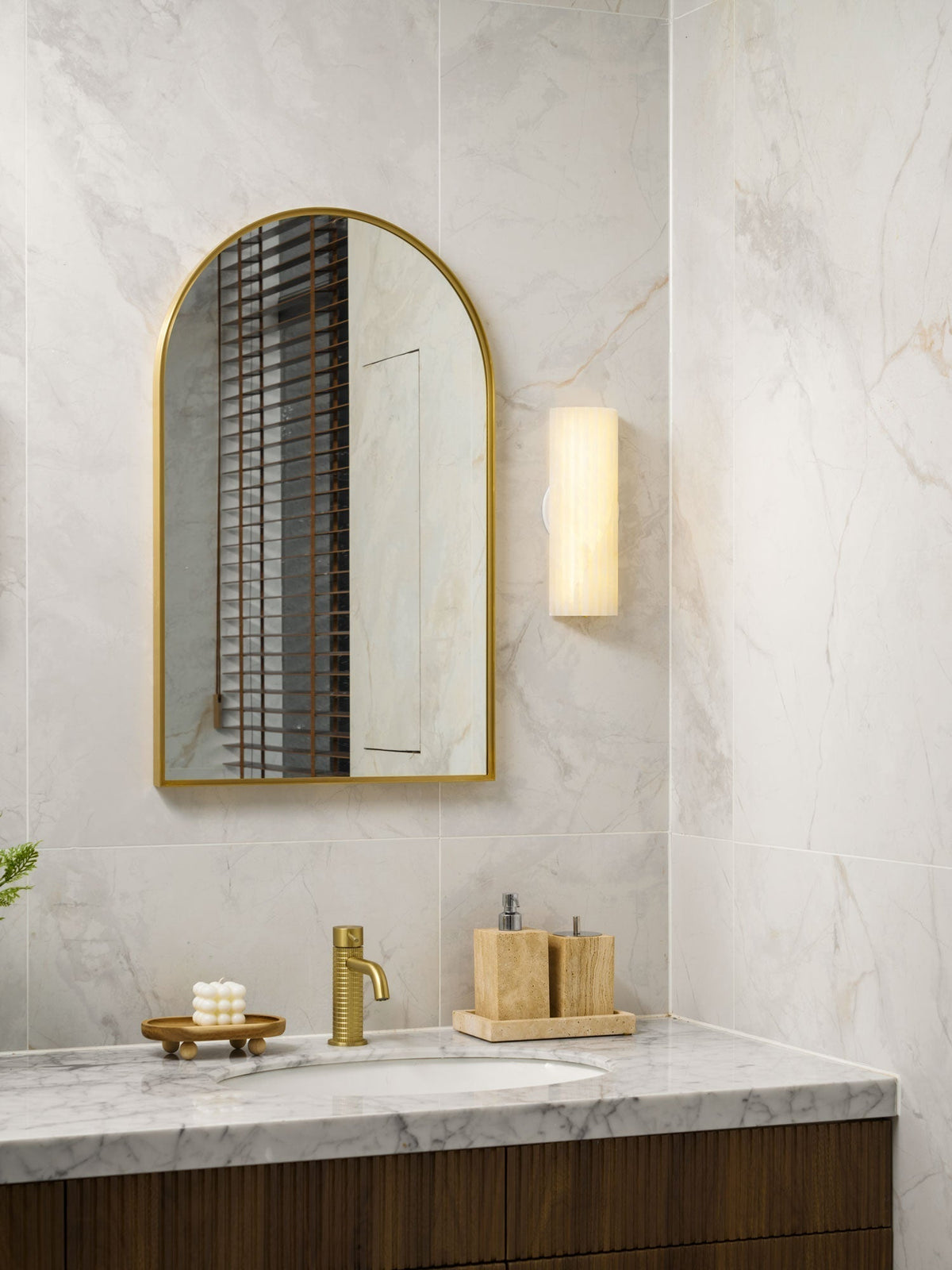 Alabaster Wall Sconce Light Fixture Cylinder Hardwired LED Integrated White Warm Neutral Cool Temperature Modern Accent for Bedroom | Thomler