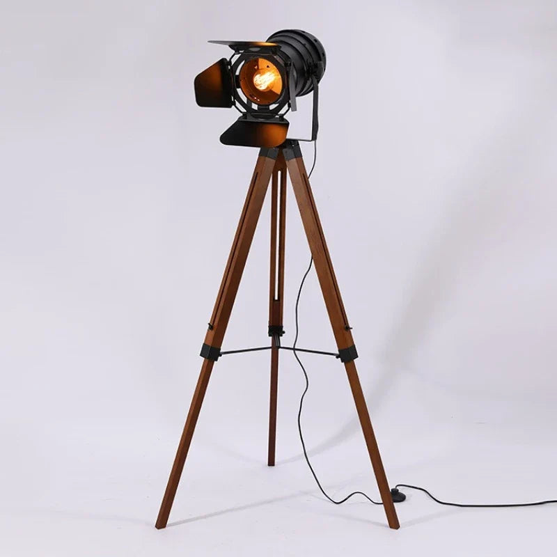 Adjustable Industrial Tripod Standing Lamp with Wood Legs & Metal Shade for Living Room | Thomler