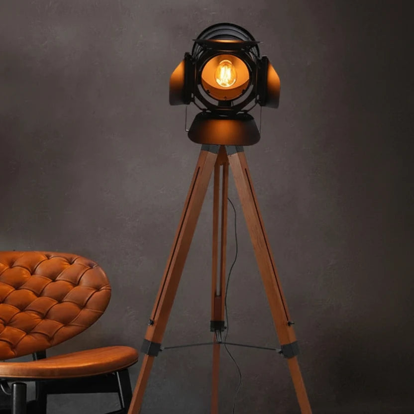 Adjustable Industrial Tripod Standing Lamp with Wood Legs & Metal Shade for Living Room | Thomler