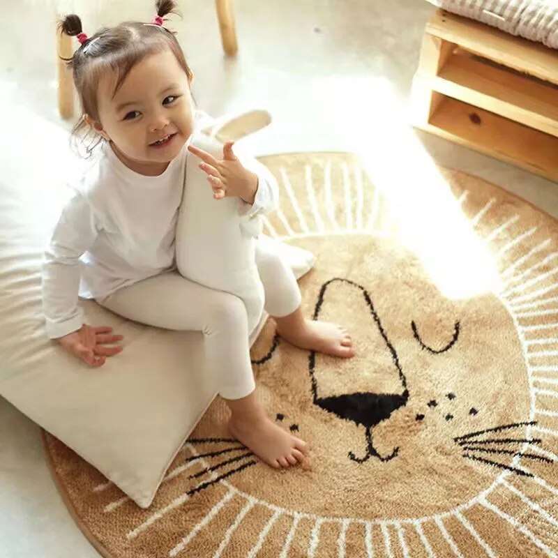Childrens Rug Polyester Microfibre 100.0 cm Lion Pattern Playroom Nursery Round Washable Soft Floor Mat Decor | Thomler