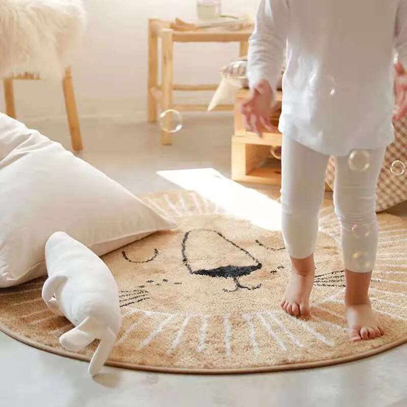 Childrens Rug Polyester Microfibre 100.0 cm Lion Pattern Playroom Nursery Round Washable Soft Floor Mat Decor | Thomler