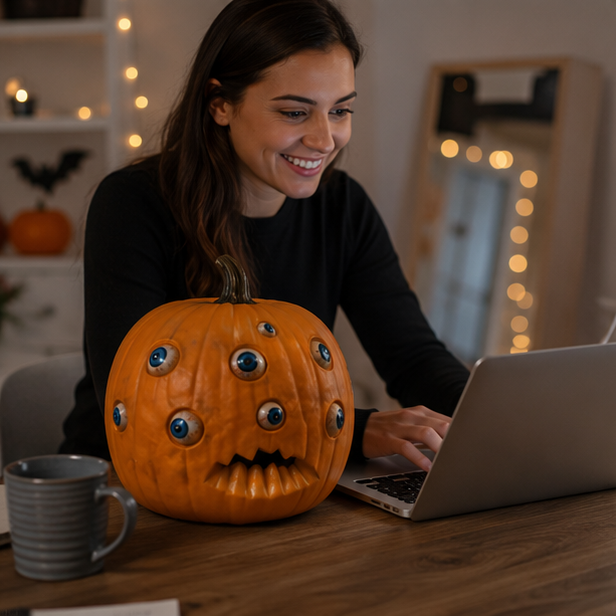 Multi-Eye Resin Jack-o'-Lantern Figure with Creepy Expression for Halloween Decorating & Spooky Front Porch Displays | Thomler