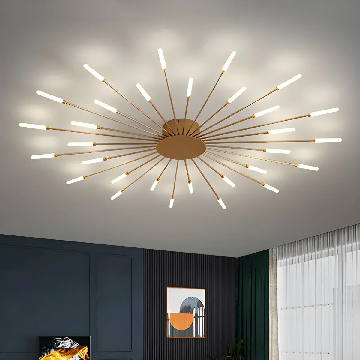 Ceiling Light Metal 20 To 42 Light Points Gold Living Room Dining Room Dimmable LED Starburst Fixture | Thomler