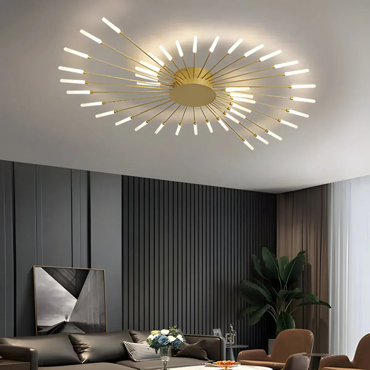 Ceiling Light Metal 20 To 42 Light Points Gold Living Room Dining Room Dimmable LED Starburst Fixture | Thomler