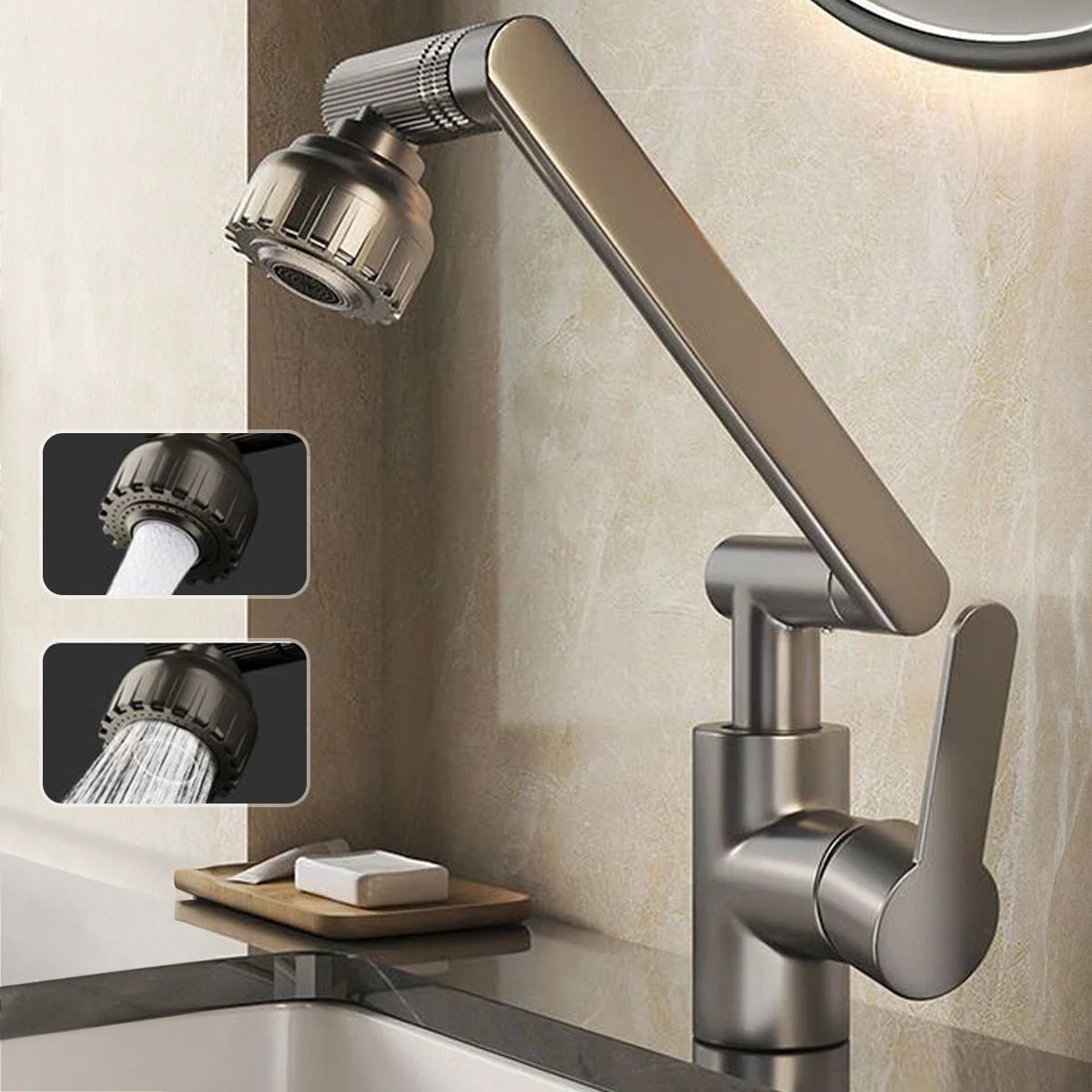 Articulating Kitchen Sink Faucet Extender with Dual Spray Modes – Adjustable Height, Full-Rotation Swivel Arm – Hot & Cold Mixer for Sink | Thomler
