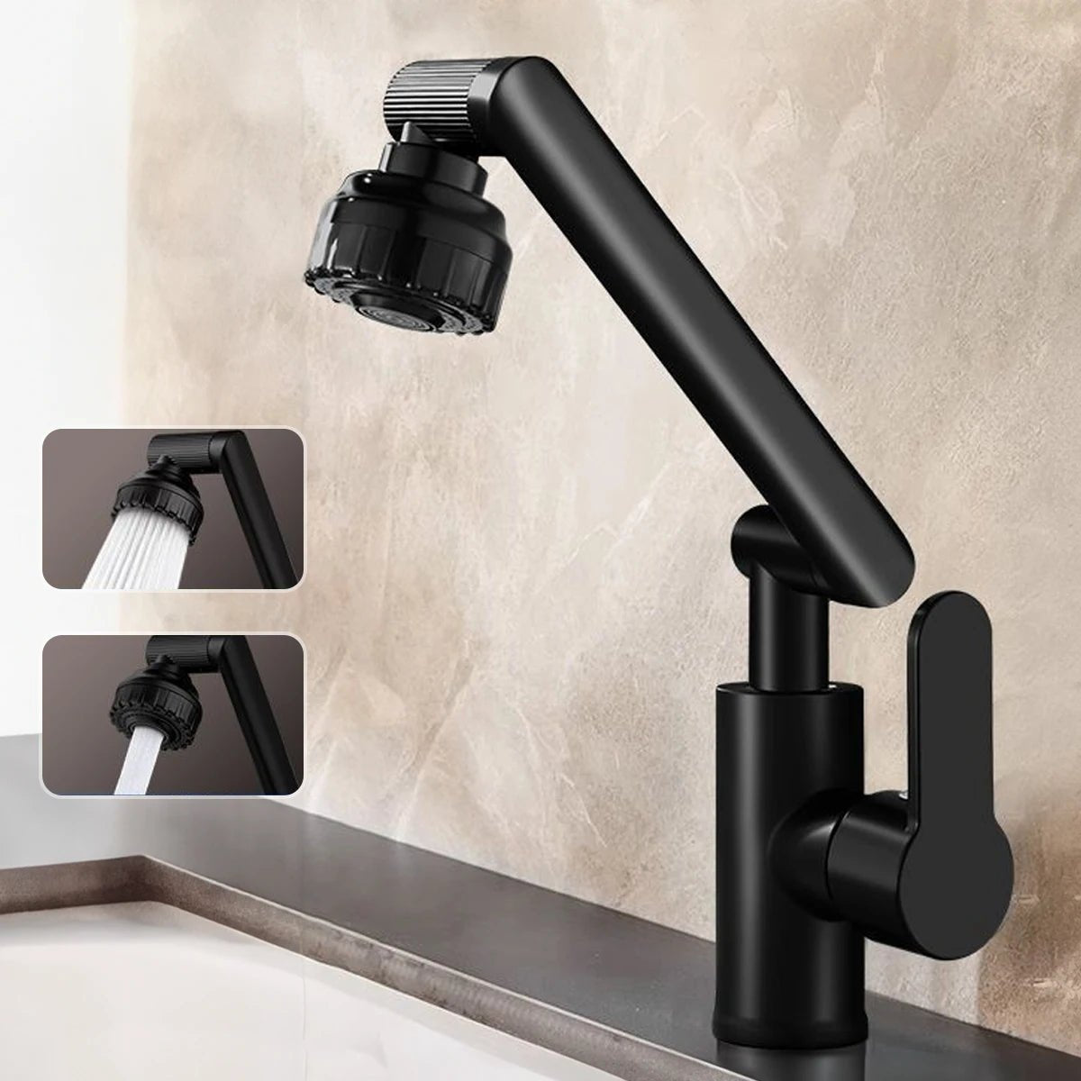 Articulating Kitchen Sink Faucet Extender with Dual Spray Modes – Adjustable Height, Full-Rotation Swivel Arm – Hot & Cold Mixer for Sink | Thomler
