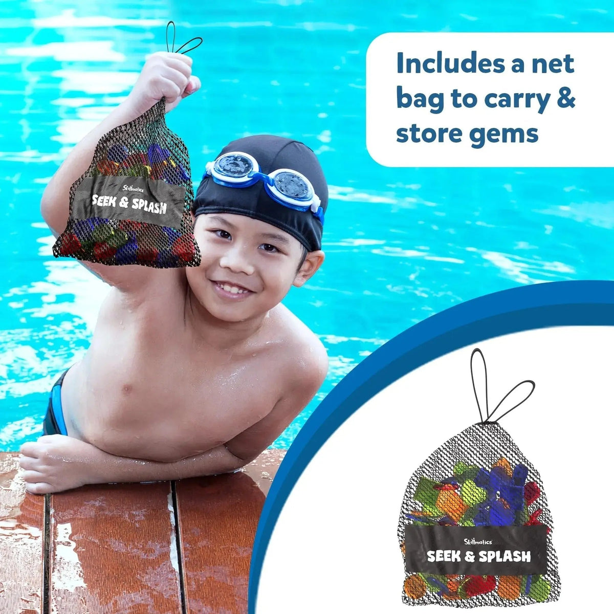 Dive & Discover Pool Gem Hunt Game – 64 Sinking Treasures with Challenge Cards for Kids Ages 6+ | Thomler