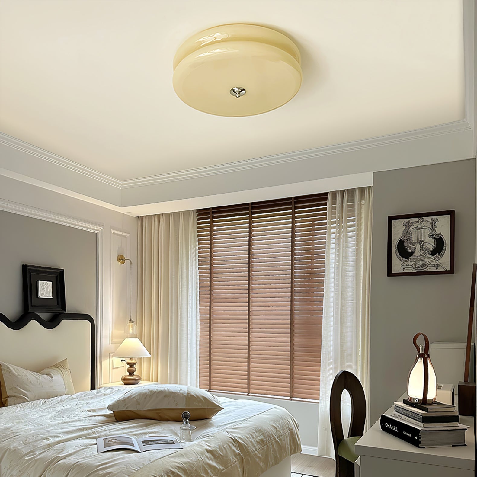 Art Deco Vintage Ceiling Lamp 12.6 in White Glass Indoor Lighting Gold Chrome Finish | Thomler