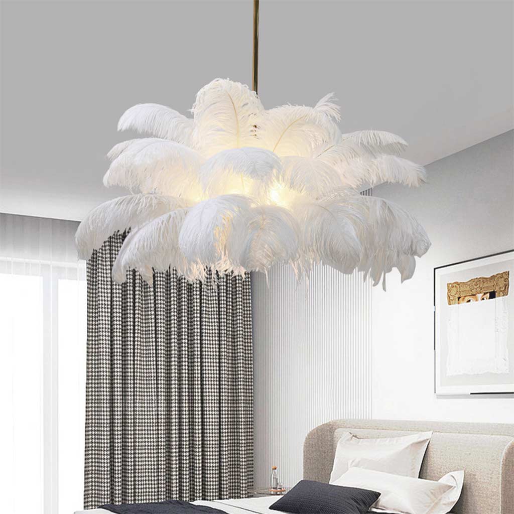 Pendant Light Ostrich Feather 80.0 cm White Living Room Bedroom Ceiling Hanging Lamp LED Ambient Lighting | Thomler