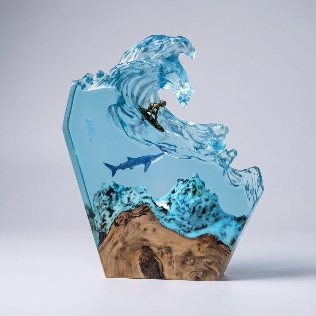 Table Lamp Resin Wood 20.0 cm Blue Ocean Decorative Indoor Mood Light Handmade Maritime Artwork Surfer Accent Lighting | Thomler