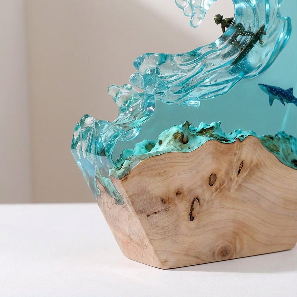 Table Lamp Resin Wood 20.0 cm Blue Ocean Decorative Indoor Mood Light Handmade Maritime Artwork Surfer Accent Lighting | Thomler