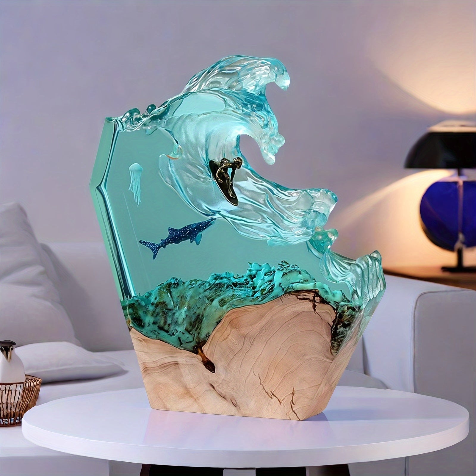 Table Lamp Resin Wood 20.0 cm Blue Ocean Decorative Indoor Mood Light Handmade Maritime Artwork Surfer Accent Lighting | Thomler