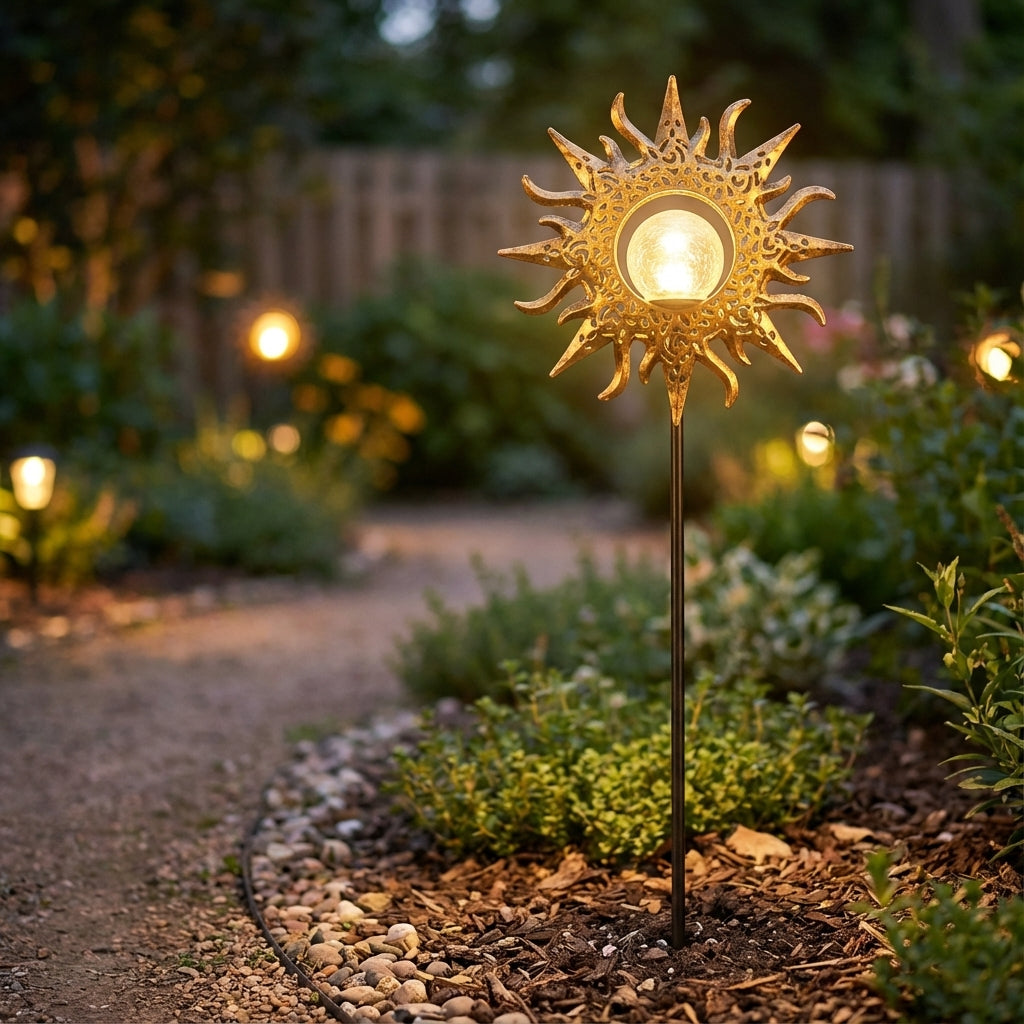 Garden Stake Iron 28.0 cm (11.0") Warm Light Pathway Solar Decoration Crackle Glass Outdoor Landscape Lighting | Thomler