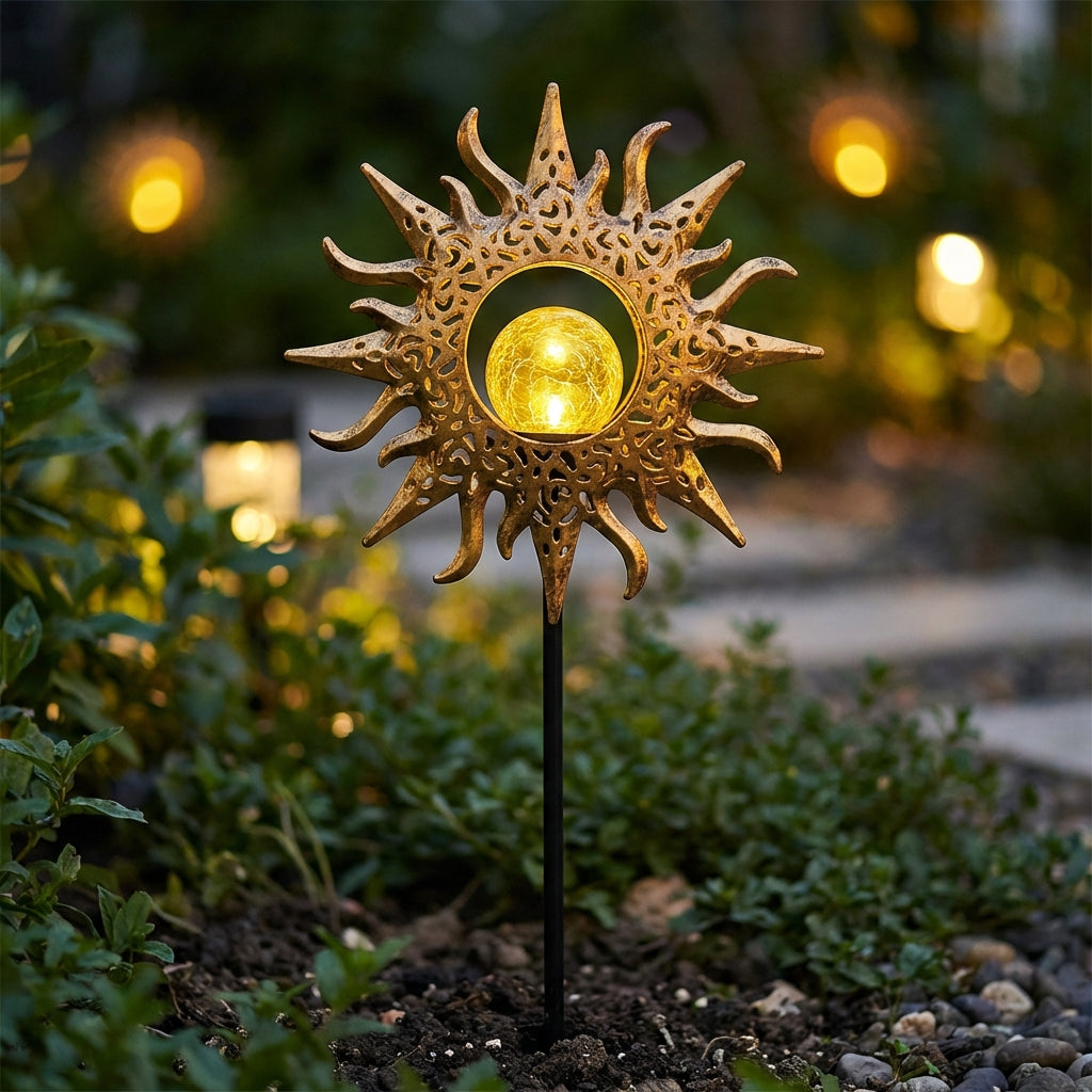 Garden Stake Iron 28.0 cm (11.0") Warm Light Pathway Solar Decoration Crackle Glass Outdoor Landscape Lighting | Thomler