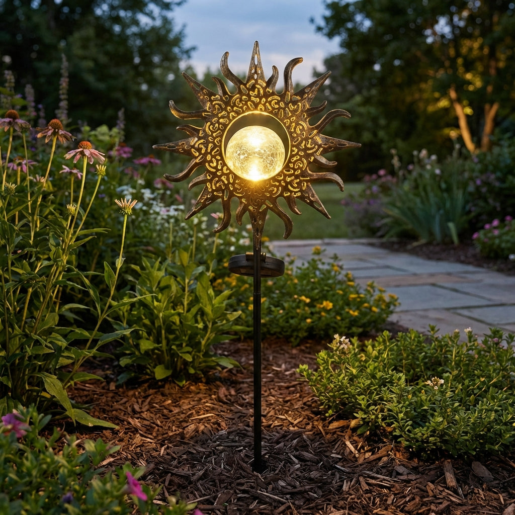 Garden Stake Iron 28.0 cm (11.0") Warm Light Pathway Solar Decoration Crackle Glass Outdoor Landscape Lighting | Thomler