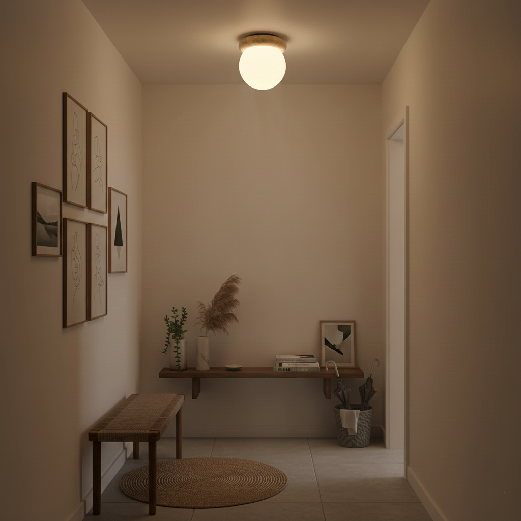 Ceiling Light Travertine Stone 6.3 in Beige Glass Shade Living Room Bedroom Flush Mount Ambient Lighting Fixture | Thomler