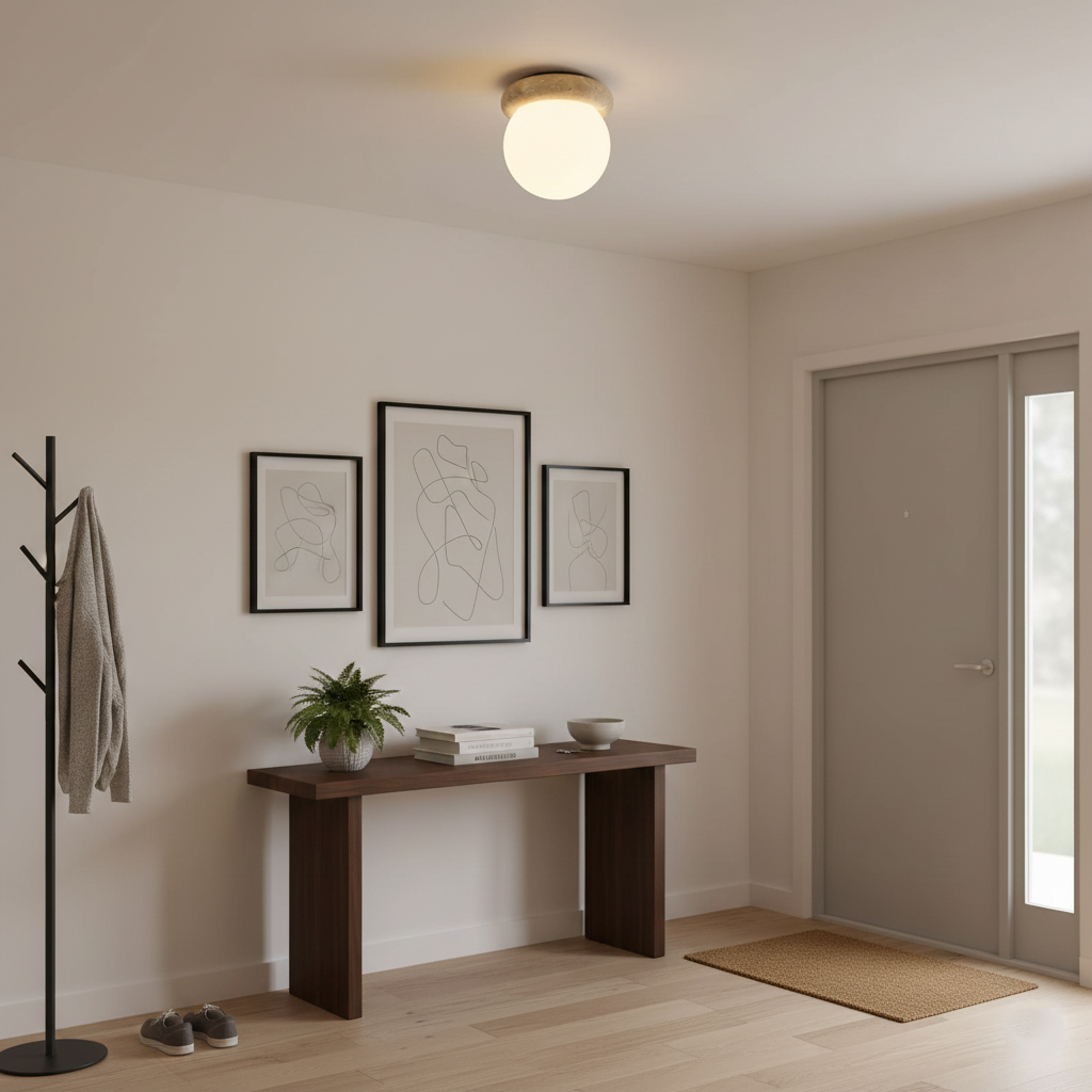 Ceiling Light Travertine Stone 6.3 in Beige Glass Shade Living Room Bedroom Flush Mount Ambient Lighting Fixture | Thomler