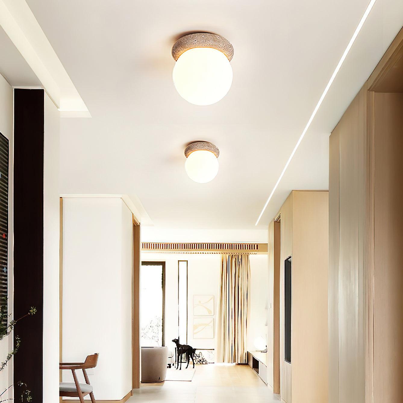 Ceiling Light Travertine Stone 6.3 in Beige Glass Shade Living Room Bedroom Flush Mount Ambient Lighting Fixture | Thomler