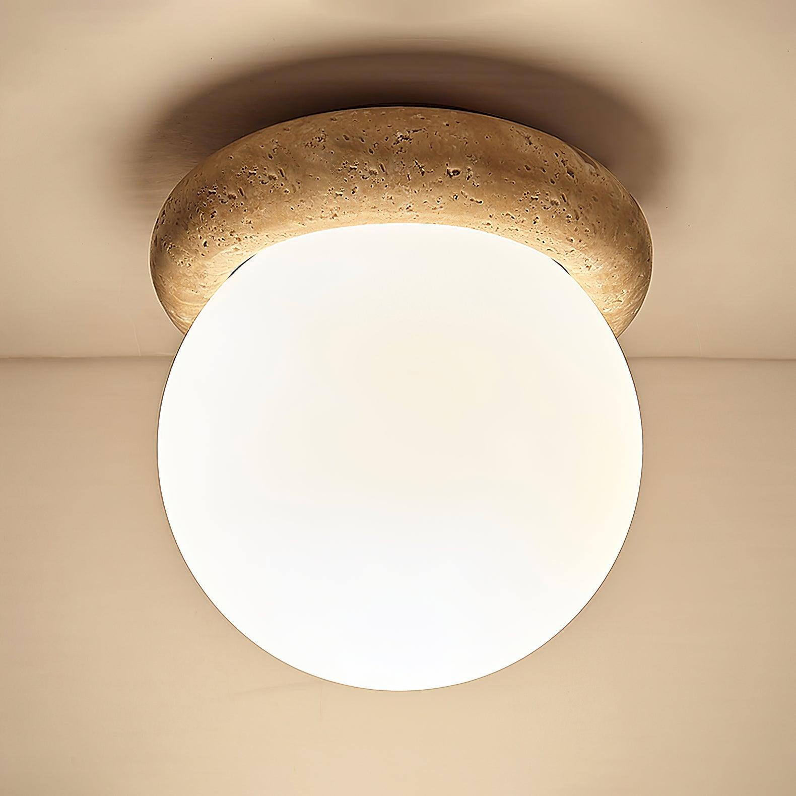 Ceiling Light Travertine Stone 6.3 in Beige Glass Shade Living Room Bedroom Flush Mount Ambient Lighting Fixture | Thomler