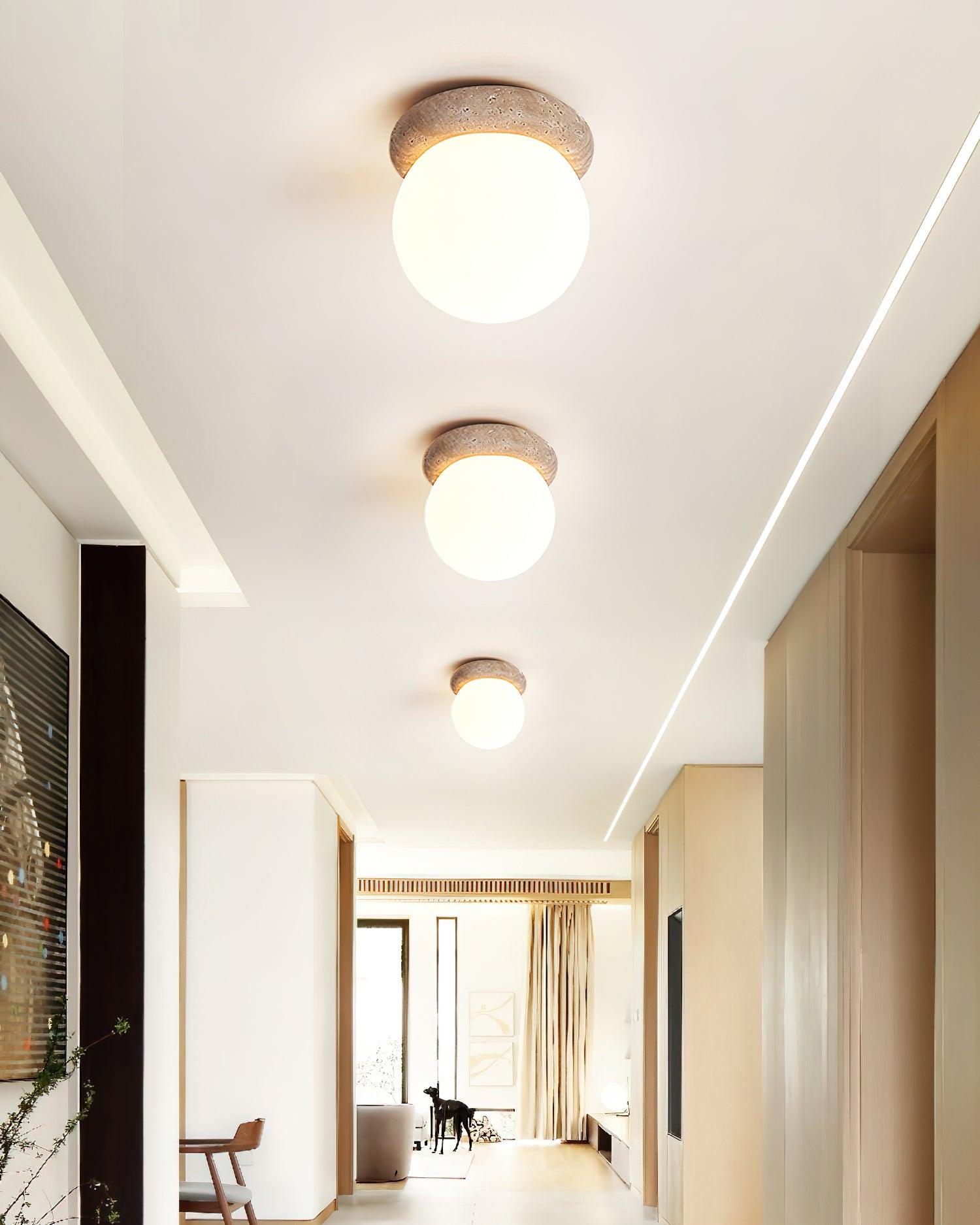 Ceiling Light Travertine Stone 6.3 in Beige Glass Shade Living Room Bedroom Flush Mount Ambient Lighting Fixture | Thomler